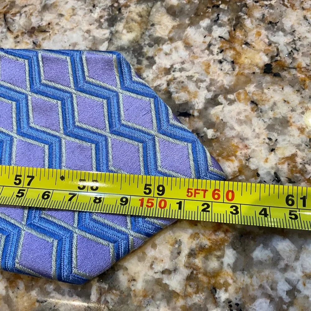 XMI Platinum Men's Tie Blue Purple Geometric Italian Silk Handmade in USA 60”